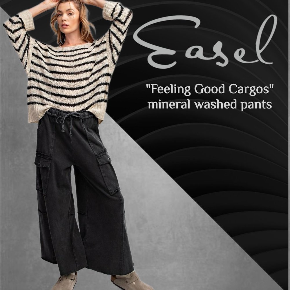 EASEL "Feeling Good Cargo" Mineral Washed Raw Seams Extra Wide Leg Utility Pants